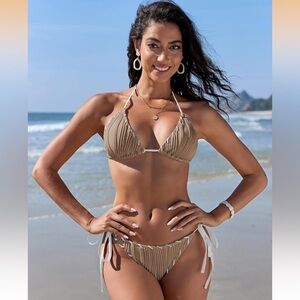 NWT ZAFUL Wave Textured Bikini Set Two Piece Tie Back Halter Cheeky Swimsuit